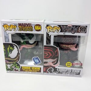 Funko Pop Marvel Zombie Venom 664 GameStop & Corrupted Venom 517 GITD Set